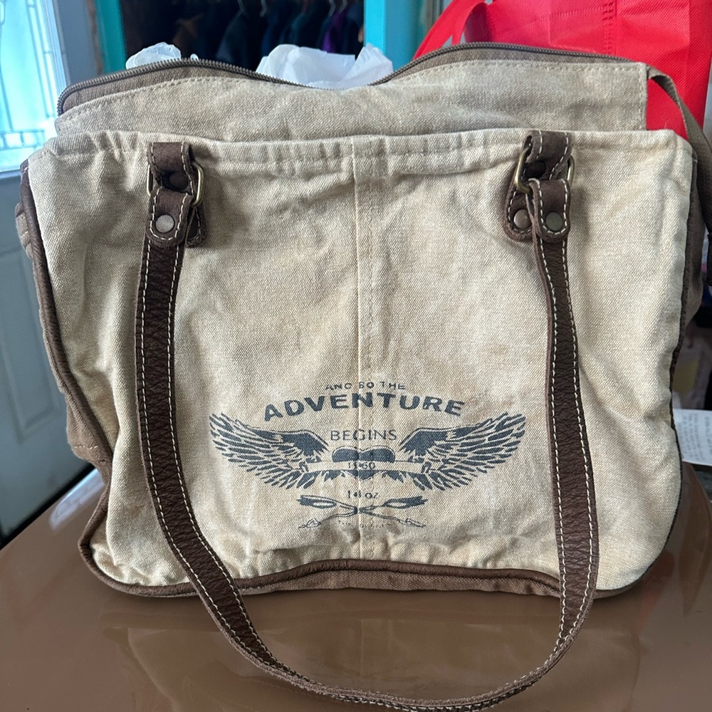 Adventure Begins Canvas Shoulder Bag - Brown